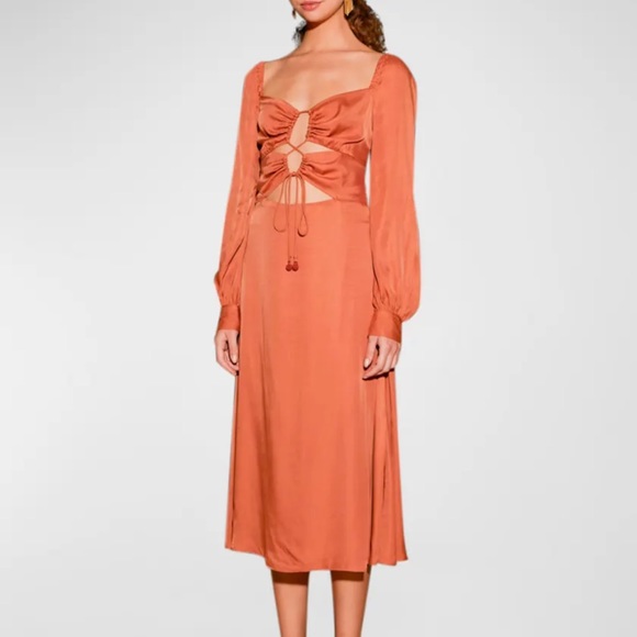 NWT FARM Rio Caramel Cutout Front-Tie Satin Midi Dress Size S - Picture 3 of 6